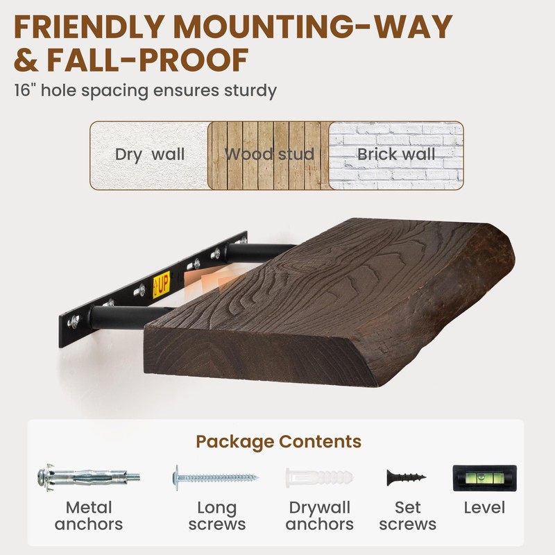Live Edge Elm Wood Floating Shelves, 36 Inch Long Wall