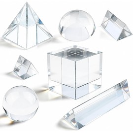 7 Pack K9 Optical Crystal Photography Prism Set, Include 1-4in Triangular Prism, 2in Crystal Glass Prism Cube, 2in Crystal Ball, 2in Dome Magnifier, Light Prism for Physics Teaching Photography Play