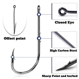 FishTrip Baitholder Hooks Fishing Offset- 100pcs Bait Holder Fish Hook Double Barbed/Long Shank/Closed Eye/Black for Fishing Rigs Freshwater Saltwater 5/0