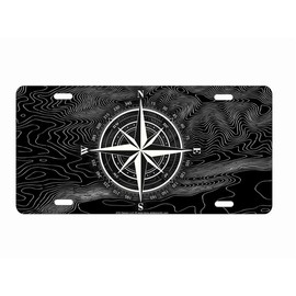 Compass Rose on Black Topographic map Front Plate Decorative Vanity Aluminum Sign Car Tag 12 x 6 inches