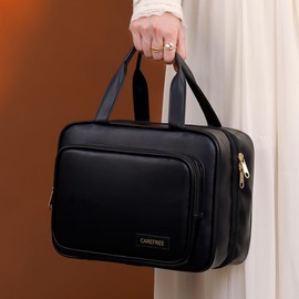 Waterproof Leather Toiletry Bag for Women, Hanging Travel Toiletry Bag with Hanging Hook, Large Travel Makeup Bag Cosmetic Organizer for Toiletries, Bathroom Shower, Makeup Accessories (Black)