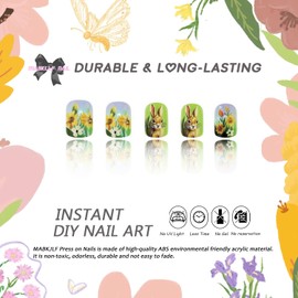 Easter Press on Nails Short Square MABKJLF Cute Fake Nails False Nails with Designs Bunny Flower Glossy Glue on Nails Colorful Spring Stick on Nails Acrylic Nails for Women Girls 24 Pcs