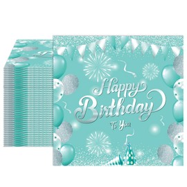 40 PCS Happy Birthday Napkins Teal and Silver Glitter Themed Birthday Party Napkins for Girl Woman Birthday Wedding Party Family Picnic 2 Ply