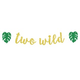 Two Wild Banner, Baby Boys Girls 2nd Birthday Banner, Glittery Jungle Wild Safari Zoo Themed Happy 2nd Birthday Party Decorations