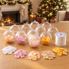 2.3 Inch Clear Fillable Ornament Balls 10 Pack with Artificial Flowers, 5 Colors 100pcs & 100m Hanging String for DIY Craft Decoration