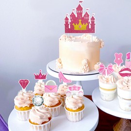 Cyodoos - 68 piezas de decoración de magdalenas de princesa rosa que incluye tacones altos, lazo, bola de discoteca, lápiz labial de espera, magdalenas para niña rosa, decoración de cumpleaños, fiesta