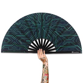 Raveahem Large Folding Fan, 13 Inch Clack Rave Fan Hand Held Fan for Women Men with Premium Satin Fabric, Thick Bamboo Frame for EDM, Music Festival, Party, Dance, Decoration, Gift (Tech Glow)