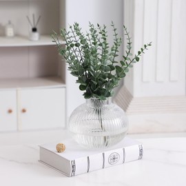 YANWE1 Round Glass Vase, Flower Vase for Bouquet, Ribbed Glass Vase, Fluted Vase, Clear Glass Vase for Tulips, Modern Glass Vase for Living Room, Office, Coffee Table, Shelf, Wedding, 6 Inches