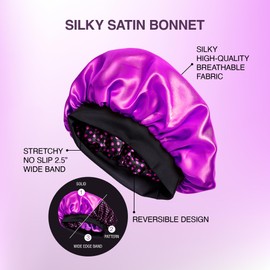 Red by Kiss Silky Satin Hair Bonnet – Dual Layer for Moisture Retention, No-Slip & Comfortable, Breathable Fabric for Hair Protection & Style Maintenance (Reversible, Wide Band, Purple & Polka Dot)