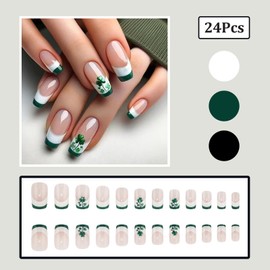 24Pcs St. Patrick's Day Press on Nails Medium Square - Green French Tip Fake Nails with Shamrock Design Nude Artificial Nails Press ons Spring Reusable Stick on Nail St. Patrick's Day Nail for Women