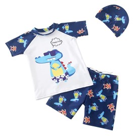 DOOVID Toddler Boy 3-Piece Swimwear Set Baby Boy Swimsuit with Hat UPF 50+ Rash Guards Short Sleeve Bathing Suit for Boys Sunglasses Crocodile 5-6 Years