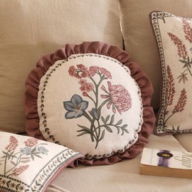 ISAENNE Design Linen Vintage Throw Pillow Covers Diameter 16" Pack of 2, Round Cushion Covers with Blue Pink Flowers Green Leaves Pattern Decoration Pillowcases for Bed,Living Room,Outdoor,Car