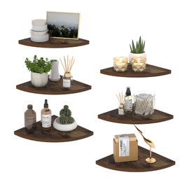 HORLIMER 6 Pack Wall Mount Floating Corner Shelf, Rustic Wood Corner Wall Shelves for Bedroom, Living Room, Bathroom, Kitchen