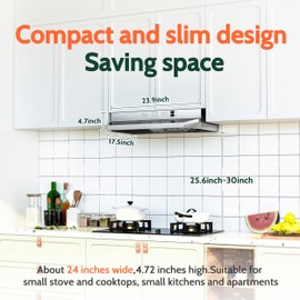 FIREGAS 24 inch Range Hood Under Cabinet, 300CFM Ducted/Ductless Convertible Kithen Hood in Stainless Steel with 2 watt LED Light and Filter, 2 fan speeds, hassle-free installation