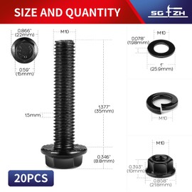 M10 x 35mm Flanged Hex Head Bolts, Nuts, Flat & Lock Washers, 20Pcs 18-8 (304) Stainless Steel, Fully Threaded, Black Oxide by SG TZH