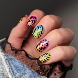 Leopard Print Press on Nails 24Pcs Colorful Gradient Short Square False Nails Cheetah Stick on Fingernails Glossy Silver Glitter Acrylic Fake Nail Curve Line Gel Glue on Nail for Coquette Women Girls