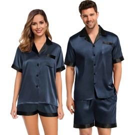 SWOMOG Couples Pajama Set Women & Men Silk Satin Short Sleeve Set Top and Shorts Sleepwear Soft Button-Down Loungewear, Deep Grey, Medium