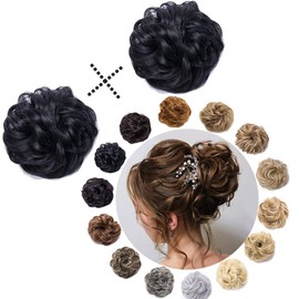 Hairro Messy Hair Bun Synthetic Scrunchy Donut Wavy Updo Elastic Scrunchie Thick Full Wedding Hair Pieces Bridal Hairpiece Easy Bun Updos for Women Kids 2pcs 40g #1 Dark Black