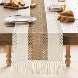 ZeeMart Macrame Style Bicolor Stitching Table Runner, 14 x 90 Inch Brown/Ivory, Boho Neutral Table Runners 90 Inches Long, Farmhouse Woven Home Decor