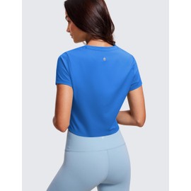 CRZ YOGA Butterluxe Short Sleeve Shirts for Women High Neck Crop Basic T-Shirts Fitted Gym Workout Tops Sparkle Blue X-Small