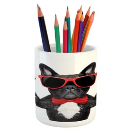Lunarable Funny Pencil Pen Holder, French Bulldog Holding Martini Cocktail Ready for The Party Nightlife Joy Print, Ceramic Pencil Holder for Desk Office Accessory, 3.6" X 3.2", Black White