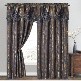 GOHD Luxe Love. Jacquard Window Curtain Panel Drape with Attached Fancy Valance. 2pcs Set. (Deep Grey, 54" Wide x 84" Drop with 18" Valance x 2pcs)