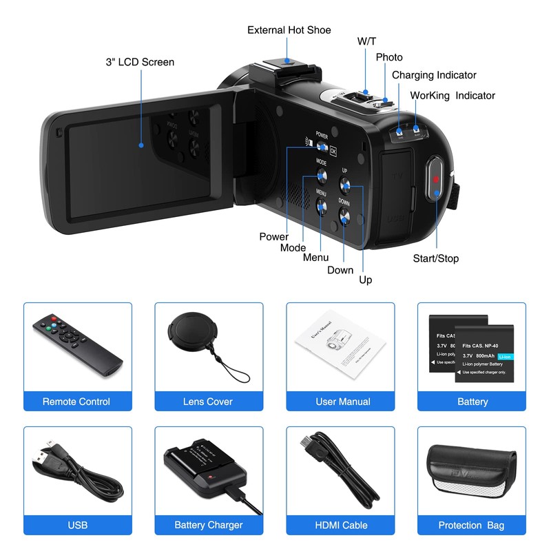 CAMKORY Video Camera Camcorder FHD 2.7K IR Night Vision Kmera