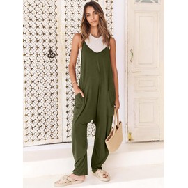 ANRABESS Jumpsuits for Women Casual Summer Overalls Sleeveless Spaghetti Strap Romper Jumpers Trendy Beach Vacation Outfits Army Green Small