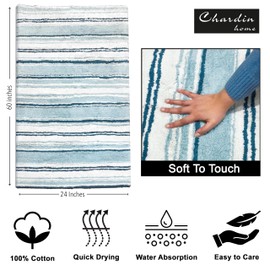 Chardin home Maui Bath Rug Runner with Skid Resistant Latex Spray Underneath. White-Blue, 24" W x 60'' L