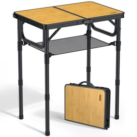 Anbte 2ft Camping Table Foldable with Storage Net, 3 Adjustable Heights Aluminum Small Folding Table, Lightweight, Portable Handle, for Travel Outdoor Beach Camping Picnic, 23.2" x 16", Yellow