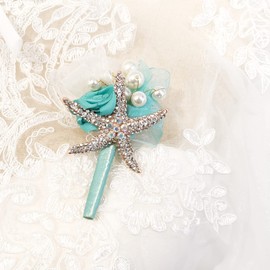 Ansuma Beach Wedding Starfish and Pearl Gold Wrist Corsage for Bride and Bridesmaid, Boutonniere for Men, Classic Rustic Boho Wedding Accessories