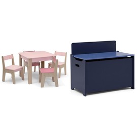 Delta Children 4-Piece Table and Chair Set, Blush/Natural, 23.5" W x 23.5" D x 19.75" H Table and 11.5" & Gap GapKids Toy Box - Greenguard Gold Certified