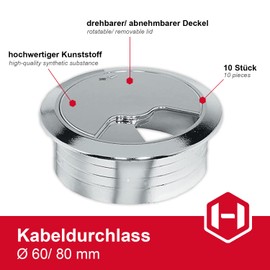 Gedotec Cable grommet desk made of sturdy ABS plastic, pack of 10 round cable passages, 60 mm, entry, cable box, chrome-plated, polished, cable guide for push-in, cable duct desk
