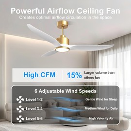 Hbinzar 52 Inch Ceiling Fan with Light and Remote, Indoor White Gold Modern Ceiling Fan for Bedroom Living Room, High CFM Quiet DC Motor