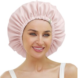 ATNKE Women's Silk Sleeping Bonnet Soft Double Layer Satin Lined Silk Hair Wrap Adjustable Night Sleep Cap for Long Jumbo Curly Braids Natural Hair/Pink