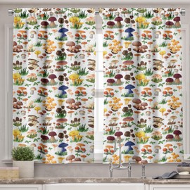 Ambesonne Mushroom Valance & Tier Curtain 3 pcs Set, Pattern Types of Mushrooms Wild Species Natural Organic Food Garden Theme, Window Treatments for Room Kitchen Decor, 55" x 24", Brown Maroon
