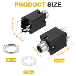 sourcing map 20pcs 1/4" 6.35mm Stereo Audio Jack, 50V 3 Pin Female PCB Mount Jack Video Connectors Stereo Headphone Socket with Nuts&Spacer for Headphone, Speaker, Car Audio, 36x16x16mm