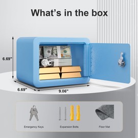 Marcree Mini Safe Box, 0.23 Cub Home Safes for Kids, Steel Money Box with Key Lock, Small Safes for Money Cash Valueables, Stylish Security Safe for Gifts, 6.69 x 9.06 x 6.69 Inches, Blue