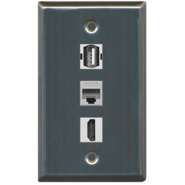 RiteAV - 1 Port HDMI USB A-A and 1 Port Cat6 Ethernet Wall Plate - Stainless Steel