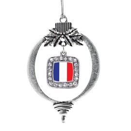 Inspired Silver - France Flag - Silver Christmas Ornament - Square Charm Christmas Tree Ornament with Cubic Zirconia - Holiday Hanging Decoration