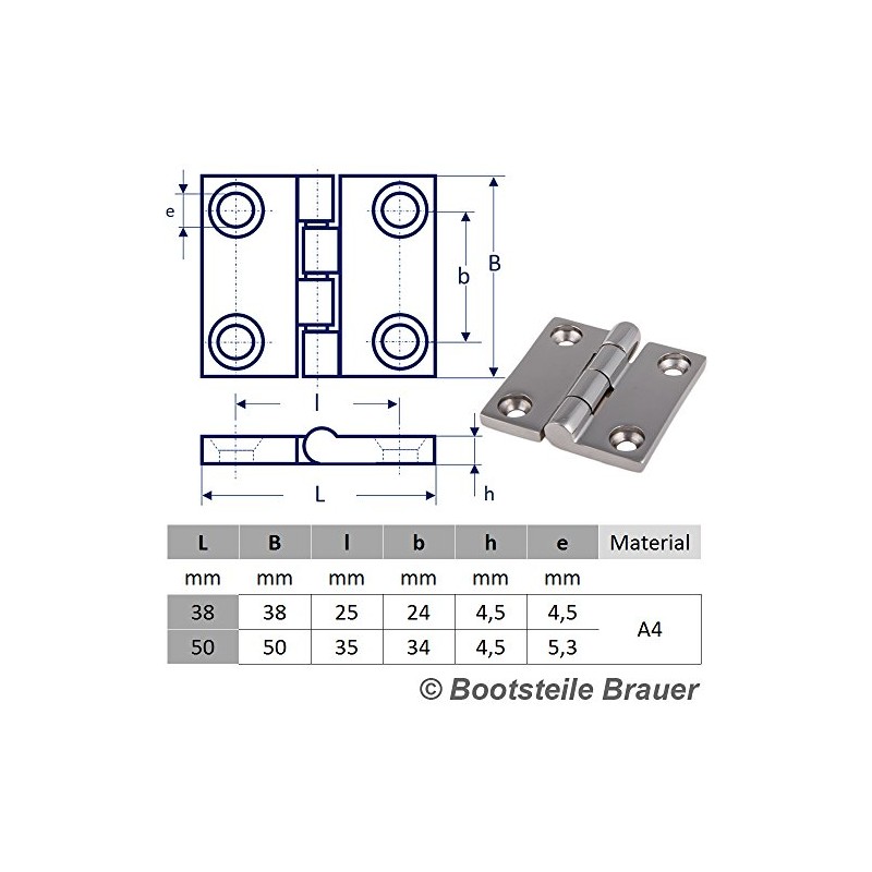2 Stainless Steel Hinges Square Symmetrical 50 x 50 mm