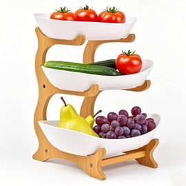 Zosebffej Fruit Bowl With Bamboo Wood Stand, Fruit&Vegetable Candy Dish Decor Basket for Kitchen Counter，Large Capacity Vegetable Storage Stand Snacks Rack Tray Plate Rack
