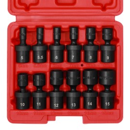 Focus Tool 12pcs 1/4-Inch Impact Socket Set Metric 5mm to 15mm  6-Point Cr-Mo Swivel Socket