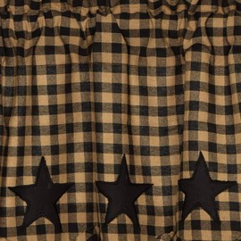 VHC Brands Black Star Scalloped Swag Set of 2 36x36x16 Primitive Rustic Country Curtains, Raven Black and Tan