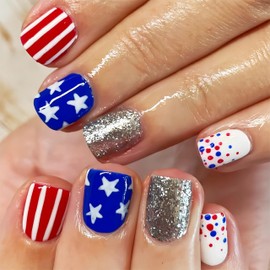 24Pcs 4th of July Press on Nails Short Square French Tip Fake Nails Silver Glitter Powder Stripe Design False Nails American Flag Red Blue Polka Dot French Artificial Acrylic Glue On Nails for Women