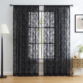 Abstractex Black Lace Net Curtains 72 Inches Long Damask Floral Sheer Panels for Bedroom Luxury Vintage Light Filtering Victorian Window Treatment Sets for Living Room, 54" W Rod Pocket 2 Panels