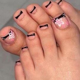 Black French Tip Press-On Toenails Short Square False Toenails White Hibiscus Flower Pattern Full Coverage Summer Black Artificial Toenail Stickers Women Girls Nail Art 24 Pieces