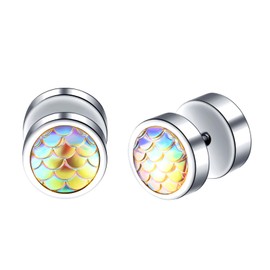 Yumilok Men's Stainless Steel Earrings Round Fish Scale Blue Round Circle Stud Earrings for Men Women Ear Clips, stainless steel