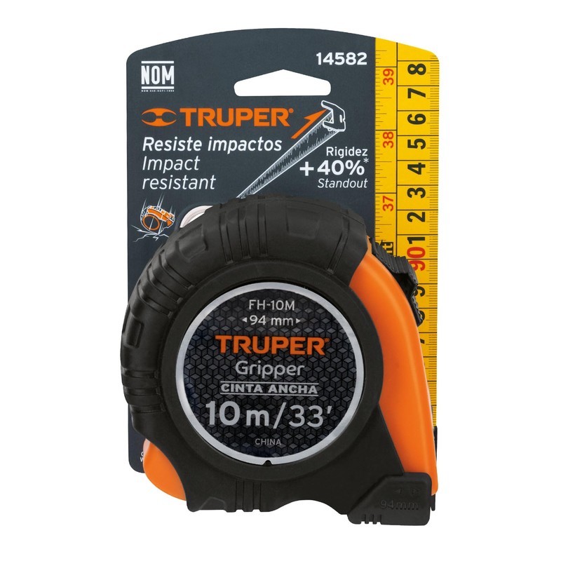 Truper FH-10M, Flexómetro Gripper, contra impacto, 10 m, cinta 32