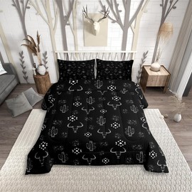 Black Aztec Bedding Set Western Boho Comforter Set,Rustic Cow Bull Horns Kids Bedding Bohemian Exotic Symbol Quilt Duvet Queen,Geometric Ethnic Bohemian Duvet Insert for Cowboy Abstract Room Decor